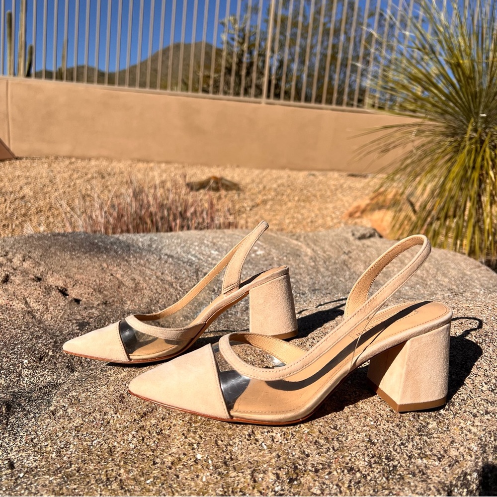 ⬇️💲Antonio Melani Block Womens Pumps Size 6M Color Beige Leather (Suede & Clear)